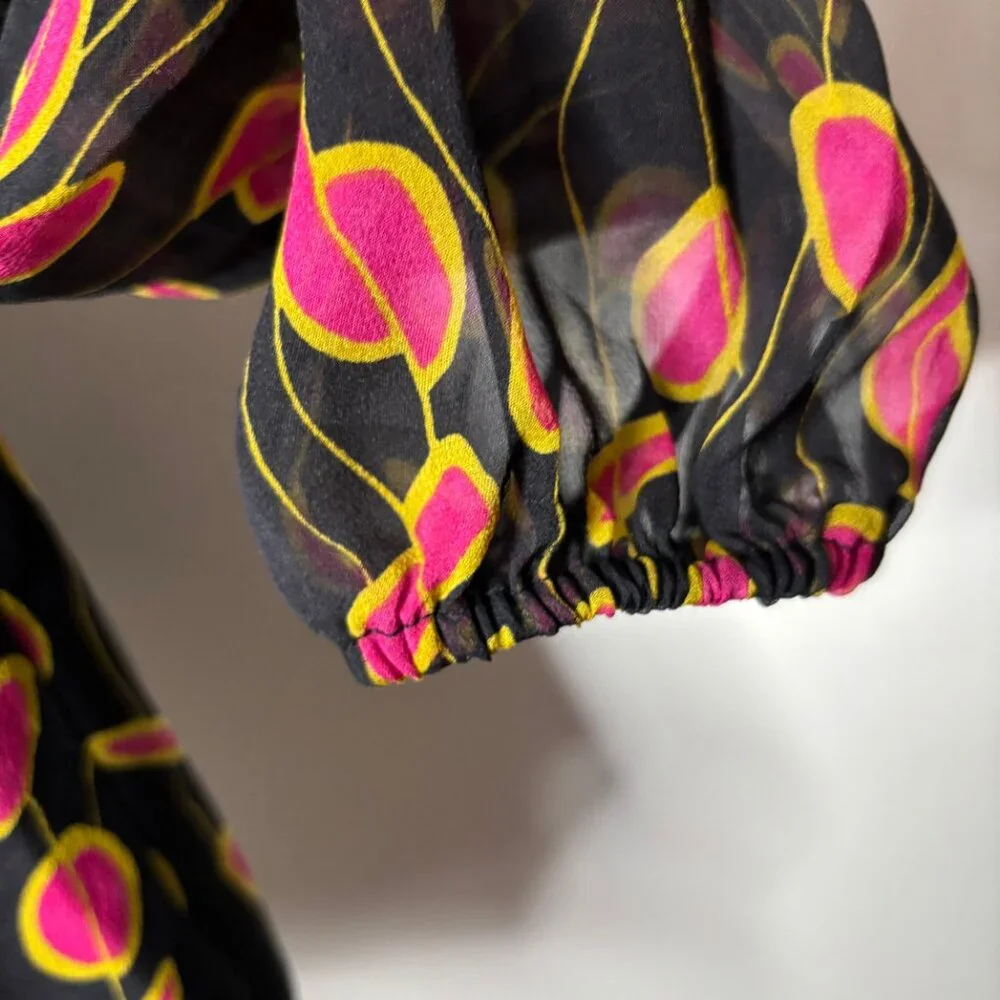 Diane Von Furstenberg Havanah Print Silk Tie Neck Button Blouse Size 4 - Picture 5 of 13